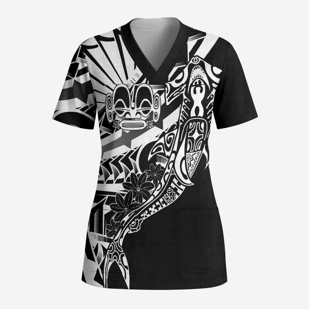 Black White Marquesas Islands Scrub Top Marquesan Matatiki Hammerhead Shark Patutiki - Polynesian Pride