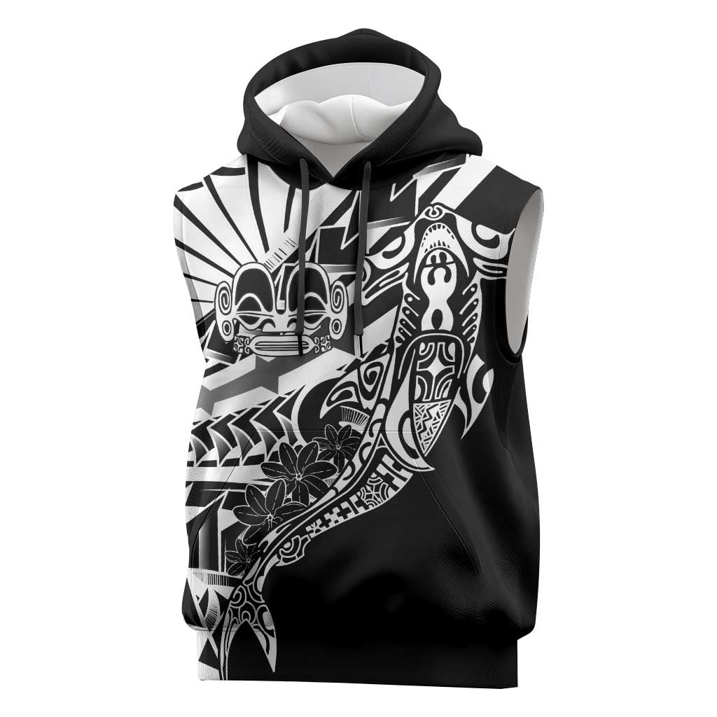 Black White Marquesas Islands Sleeveless Hoodie Marquesan Matatiki Hammerhead Shark Patutiki LT14 Black - Polynesian Pride