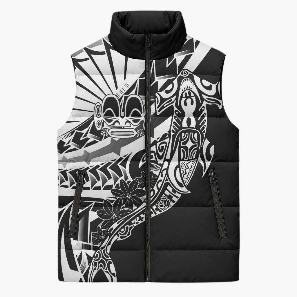 Black White Marquesas Islands Sleeveless Puffer Jacket Marquesan Matatiki Hammerhead Shark Patutiki - Polynesian Pride