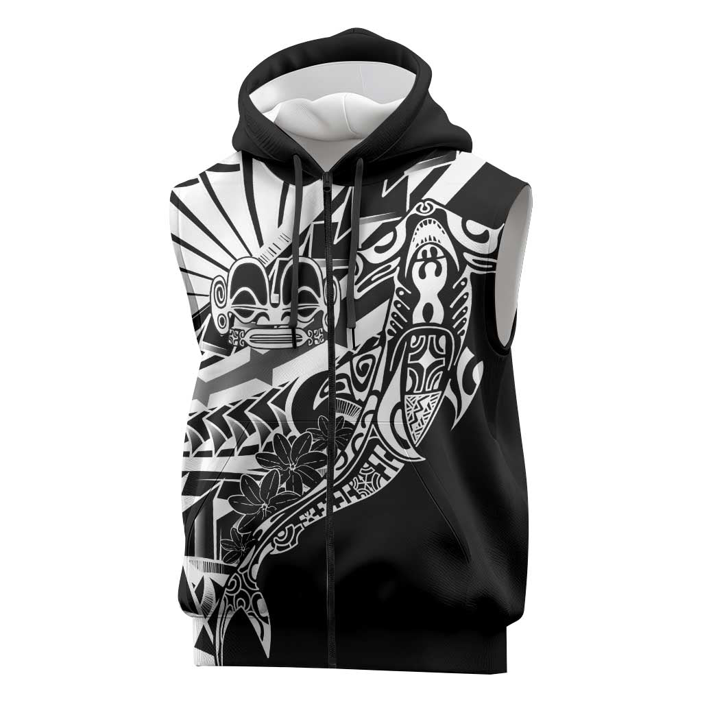 Black White Marquesas Islands Sleeveless Zip Hoodie Marquesan Matatiki Hammerhead Shark Patutiki LT14 Black - Polynesian Pride