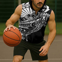 Black White Marquesas Islands Sleeveless Zip Hoodie Marquesan Matatiki Hammerhead Shark Patutiki - Polynesian Pride