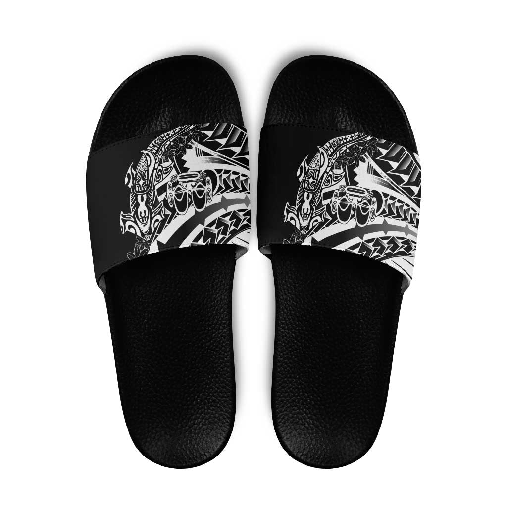 Black White Marquesas Islands Slide Sandals Marquesan Matatiki Hammerhead Shark Patutiki LT14 Black - Polynesian Pride