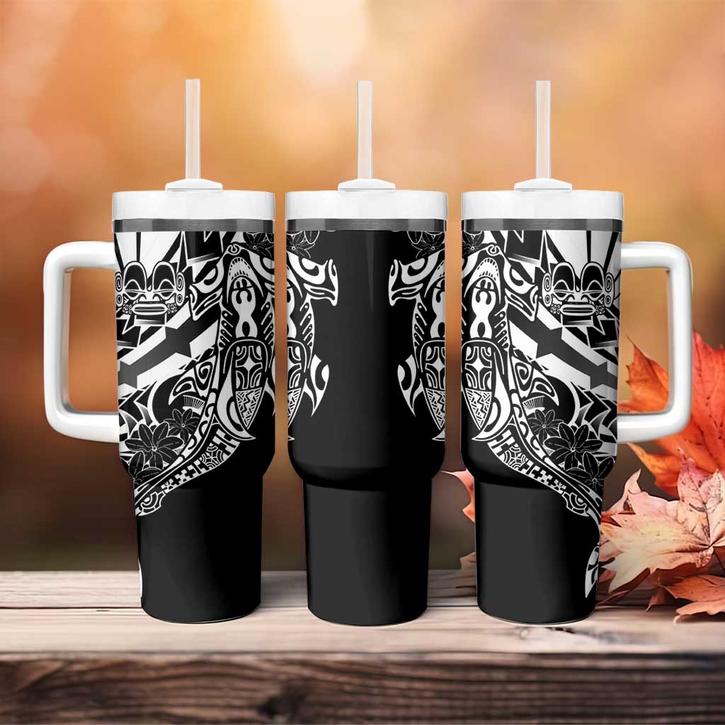 Black White Marquesas Islands Tumbler With Handle Marquesan Matatiki Hammerhead Shark Patutiki - Polynesian Pride