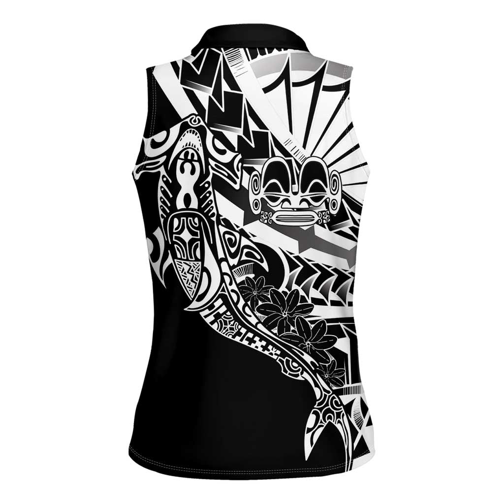 Black White Marquesas Islands Women Sleeveless Polo Shirt Marquesan Matatiki Hammerhead Shark Patutiki - Polynesian Pride