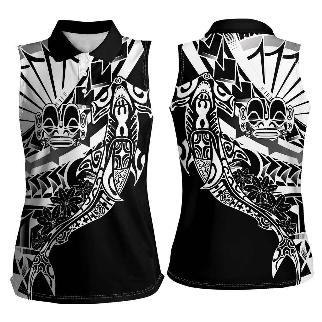 Black White Marquesas Islands Women Sleeveless Polo Shirt Marquesan Matatiki Hammerhead Shark Patutiki - Polynesian Pride
