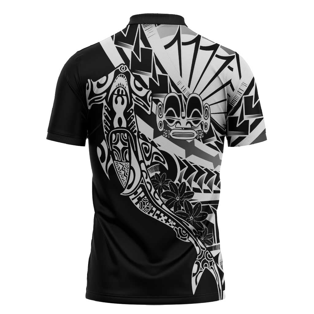 Black White Marquesas Islands Zipper Polo Shirt Marquesan Matatiki Hammerhead Shark Patutiki - Polynesian Pride