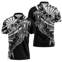 Black White Marquesas Islands Zipper Polo Shirt Marquesan Matatiki Hammerhead Shark Patutiki - Polynesian Pride