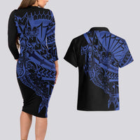 Blue Marquesas Islands Couples Matching Long Sleeve Bodycon Dress and Hawaiian Shirt Marquesan Matatiki Hammerhead Shark Patutiki - Polynesian Pride