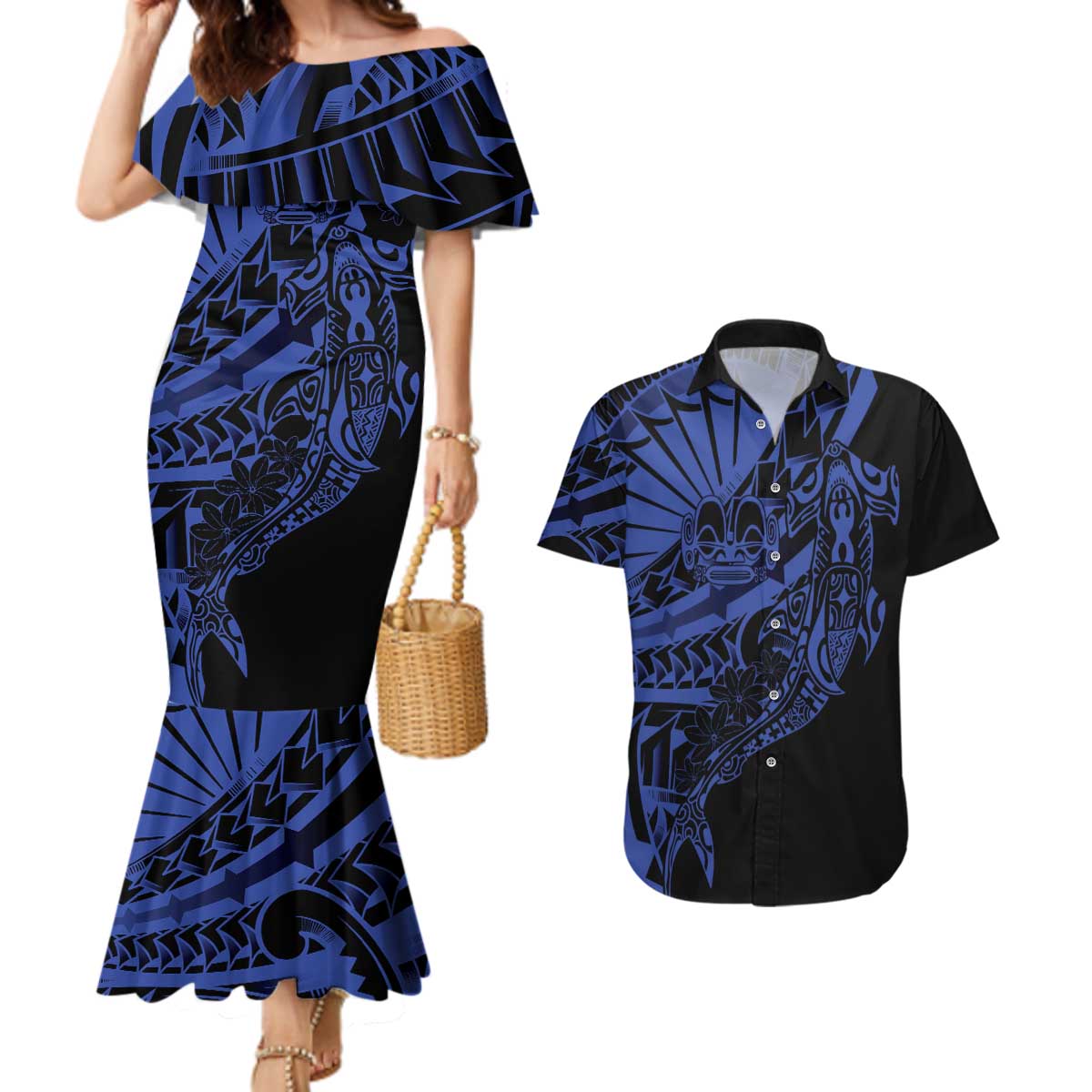 Blue Marquesas Islands Couples Matching Mermaid Dress and Hawaiian Shirt Marquesan Matatiki Hammerhead Shark Patutiki - Polynesian Pride