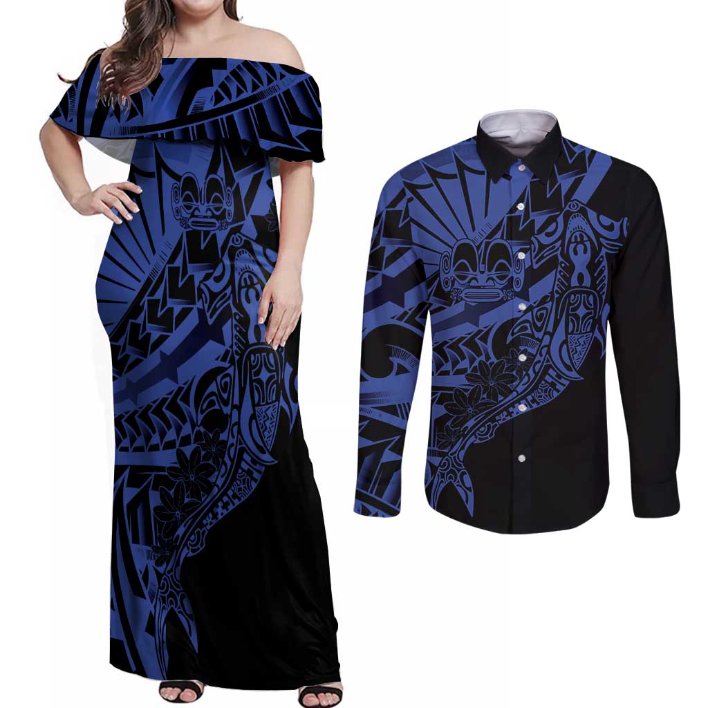 Blue Marquesas Islands Couples Matching Off Shoulder Maxi Dress and Long Sleeve Button Shirt Marquesan Matatiki Hammerhead Shark Patutiki - Polynesian Pride