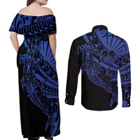 Blue Marquesas Islands Couples Matching Off Shoulder Maxi Dress and Long Sleeve Button Shirt Marquesan Matatiki Hammerhead Shark Patutiki - Polynesian Pride