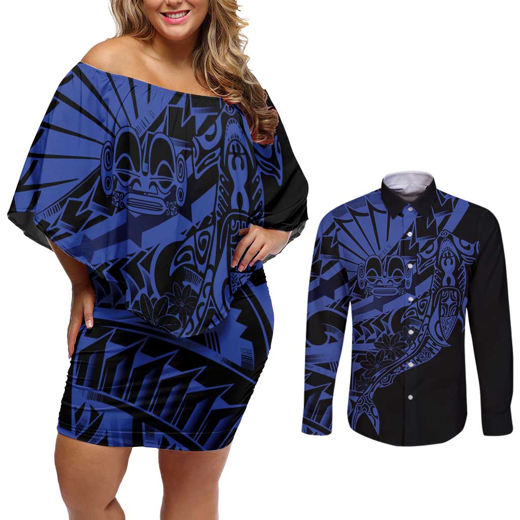 Blue Marquesas Islands Couples Matching Off Shoulder Short Dress and Long Sleeve Button Shirt Marquesan Matatiki Hammerhead Shark Patutiki - Polynesian Pride