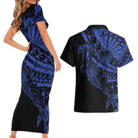 Blue Marquesas Islands Couples Matching Short Sleeve Bodycon Dress and Hawaiian Shirt Marquesan Matatiki Hammerhead Shark Patutiki - Polynesian Pride
