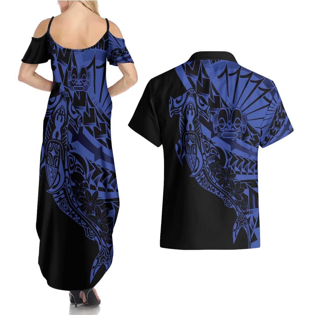Blue Marquesas Islands Couples Matching Summer Maxi Dress and Hawaiian Shirt Marquesan Matatiki Hammerhead Shark Patutiki - Polynesian Pride