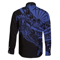 Blue Marquesas Islands Family Matching Long Sleeve Bodycon Dress and Hawaiian Shirt Marquesan Matatiki Hammerhead Shark Patutiki - Polynesian Pride