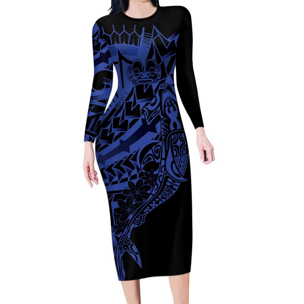 Blue Marquesas Islands Family Matching Long Sleeve Bodycon Dress and Hawaiian Shirt Marquesan Matatiki Hammerhead Shark Patutiki - Polynesian Pride