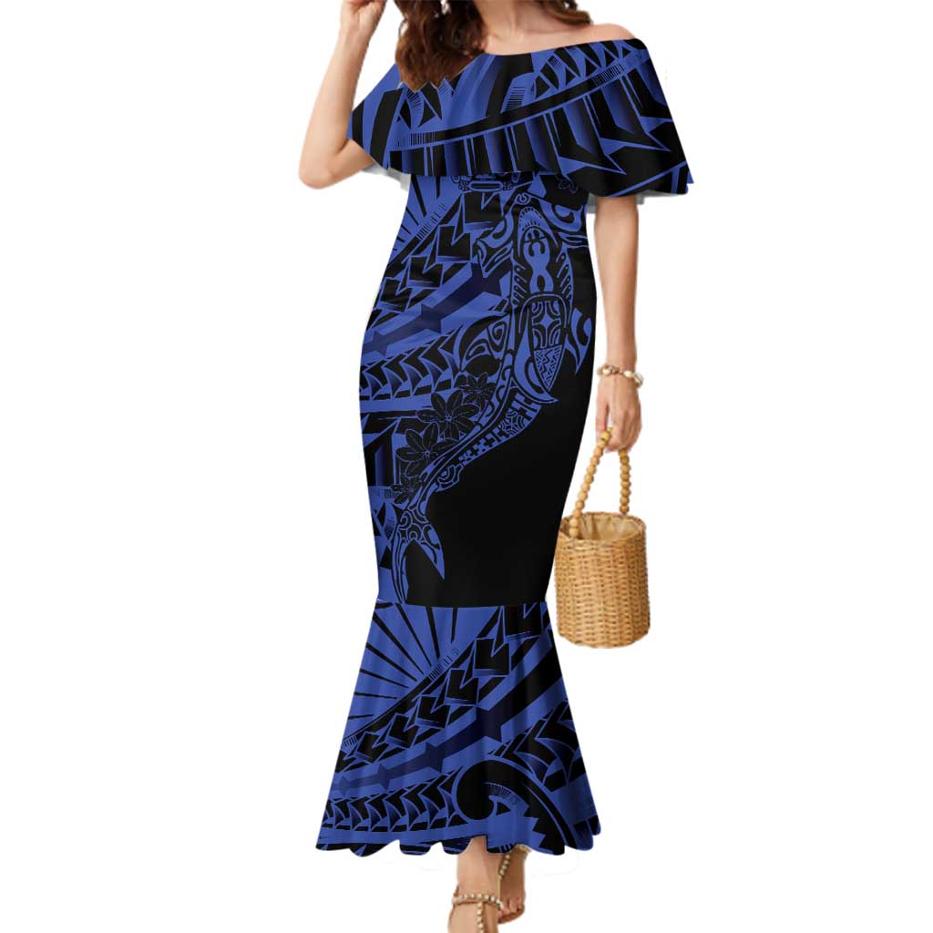 Blue Marquesas Islands Family Matching Mermaid Dress and Hawaiian Shirt Marquesan Matatiki Hammerhead Shark Patutiki - Polynesian Pride