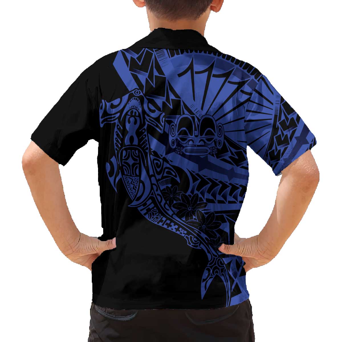 Blue Marquesas Islands Family Matching Off The Shoulder Long Sleeve Dress and Hawaiian Shirt Marquesan Matatiki Hammerhead Shark Patutiki - Polynesian Pride