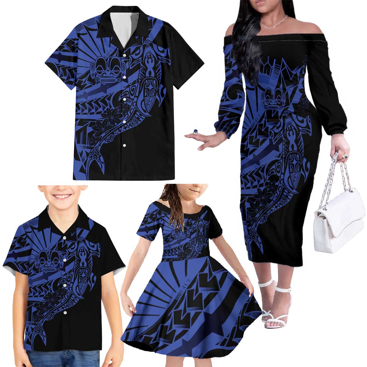 Blue Marquesas Islands Family Matching Off The Shoulder Long Sleeve Dress and Hawaiian Shirt Marquesan Matatiki Hammerhead Shark Patutiki - Polynesian Pride