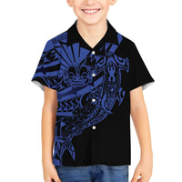 Blue Marquesas Islands Family Matching Off The Shoulder Long Sleeve Dress and Hawaiian Shirt Marquesan Matatiki Hammerhead Shark Patutiki - Polynesian Pride
