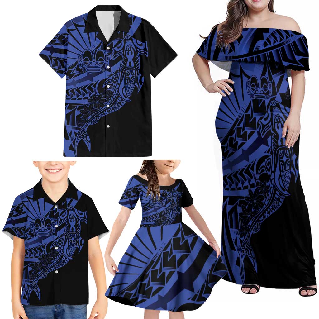 Blue Marquesas Islands Family Matching Off Shoulder Maxi Dress and Hawaiian Shirt Marquesan Matatiki Hammerhead Shark Patutiki - Polynesian Pride