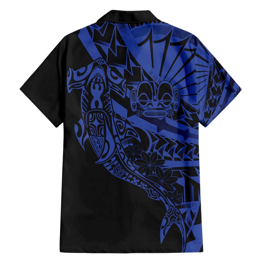 Blue Marquesas Islands Family Matching Off Shoulder Short Dress and Hawaiian Shirt Marquesan Matatiki Hammerhead Shark Patutiki - Polynesian Pride