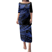 Blue Marquesas Islands Family Matching Puletasi and Hawaiian Shirt Marquesan Matatiki Hammerhead Shark Patutiki - Polynesian Pride