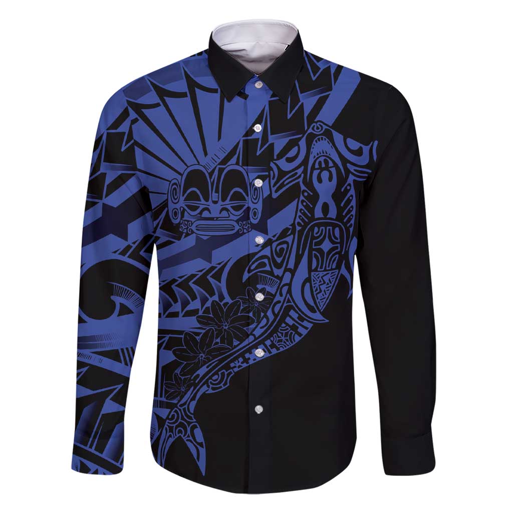 Blue Marquesas Islands Family Matching Short Sleeve Bodycon Dress and Hawaiian Shirt Marquesan Matatiki Hammerhead Shark Patutiki - Polynesian Pride