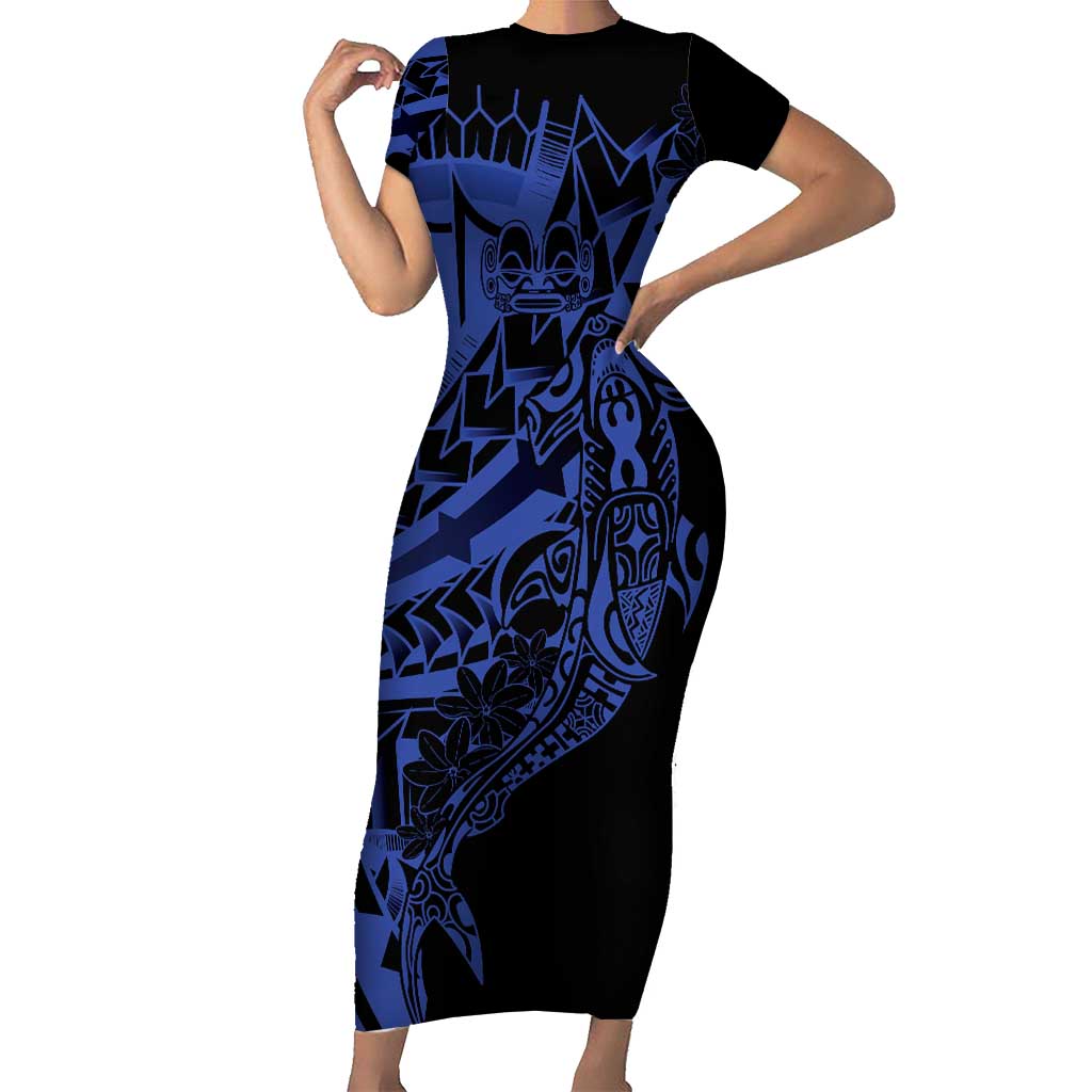 Blue Marquesas Islands Family Matching Short Sleeve Bodycon Dress and Hawaiian Shirt Marquesan Matatiki Hammerhead Shark Patutiki - Polynesian Pride