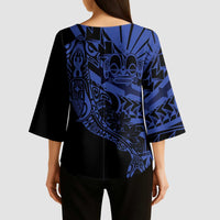 Blue Marquesas Islands Kimono Sleeve Blouse Marquesan Matatiki Hammerhead Shark Patutiki - Polynesian Pride
