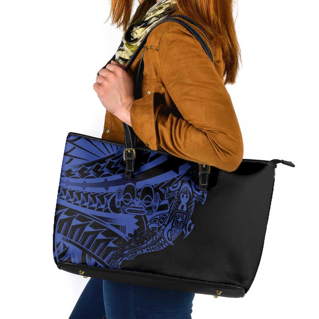 Blue Marquesas Islands Leather Tote Bag Marquesan Matatiki Hammerhead Shark Patutiki LT14 Blue - Polynesian Pride