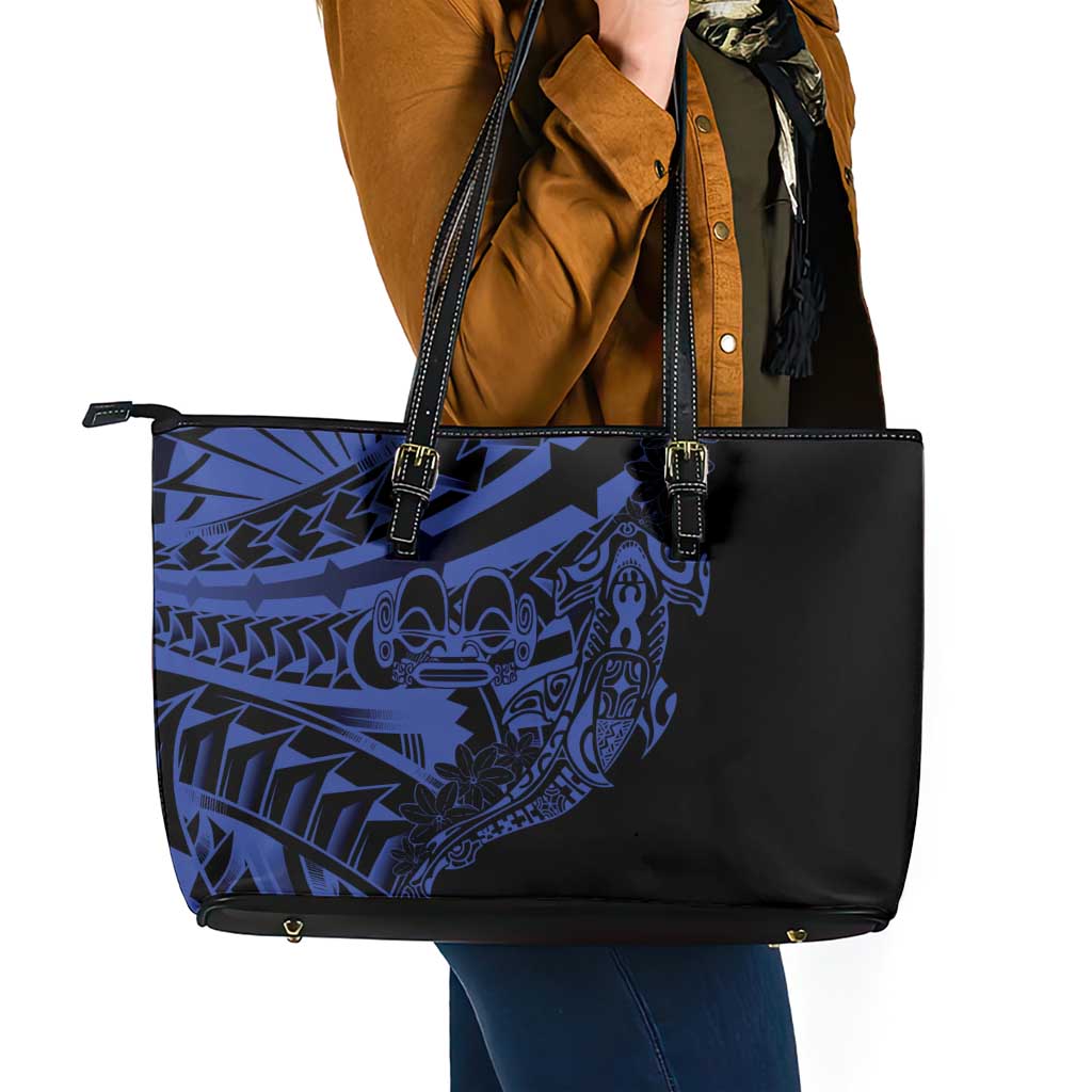 Blue Marquesas Islands Leather Tote Bag Marquesan Matatiki Hammerhead Shark Patutiki LT14 - Polynesian Pride