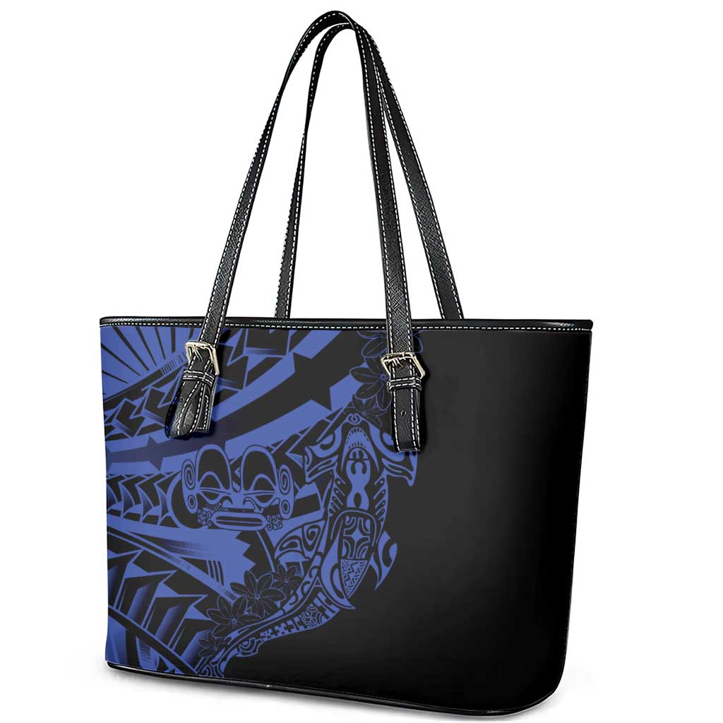 Blue Marquesas Islands Leather Tote Bag Marquesan Matatiki Hammerhead Shark Patutiki LT14 - Polynesian Pride