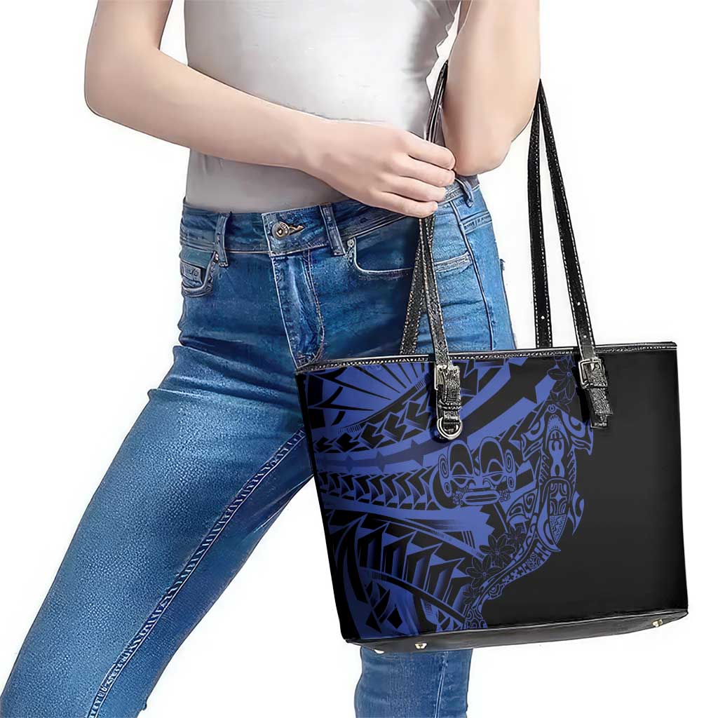 Blue Marquesas Islands Leather Tote Bag Marquesan Matatiki Hammerhead Shark Patutiki LT14 - Polynesian Pride
