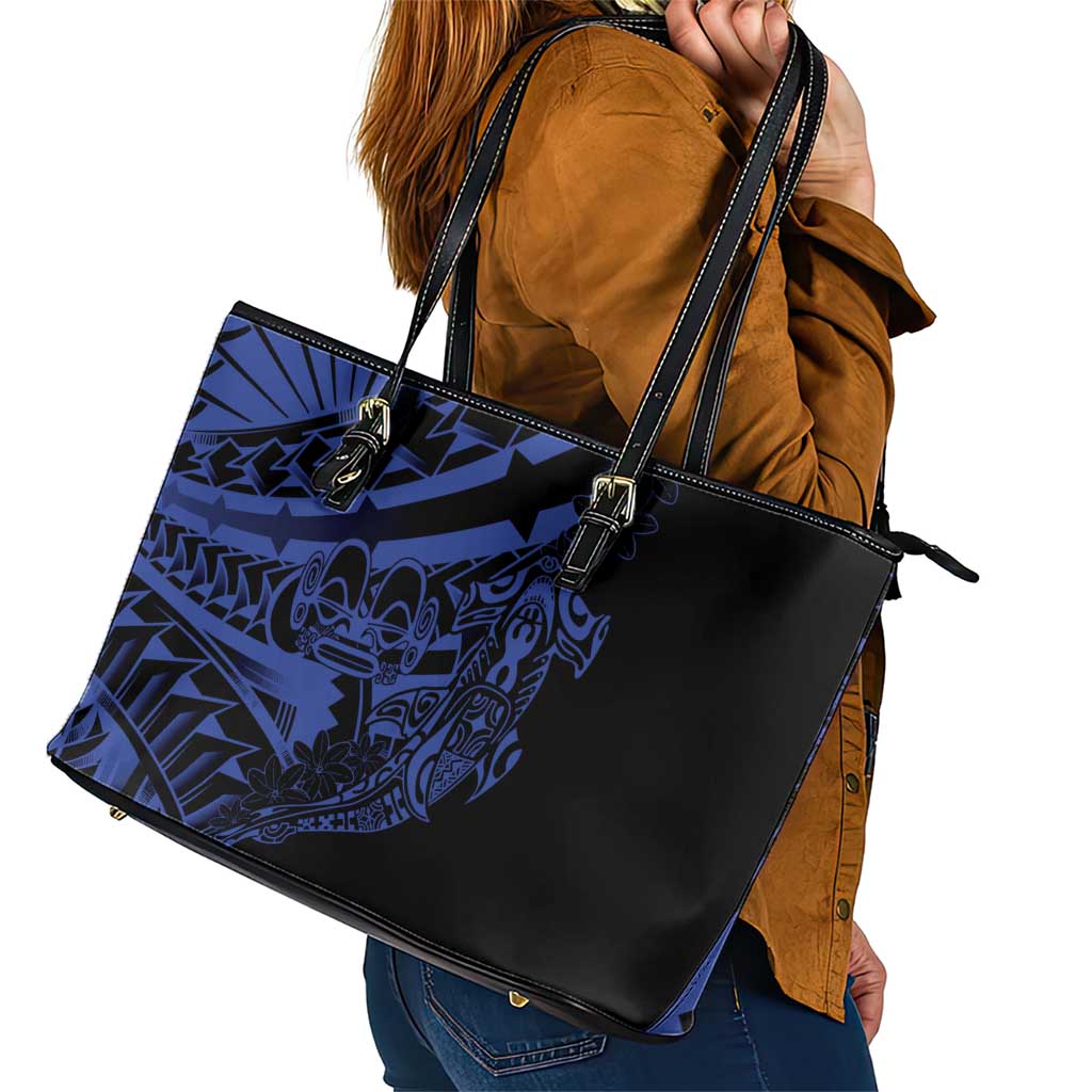 Blue Marquesas Islands Leather Tote Bag Marquesan Matatiki Hammerhead Shark Patutiki LT14 - Polynesian Pride