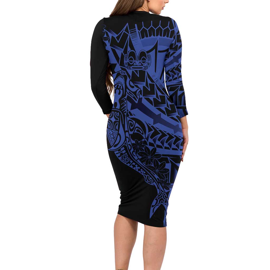 Blue Marquesas Islands Long Sleeve Bodycon Dress Marquesan Matatiki Hammerhead Shark Patutiki - Polynesian Pride