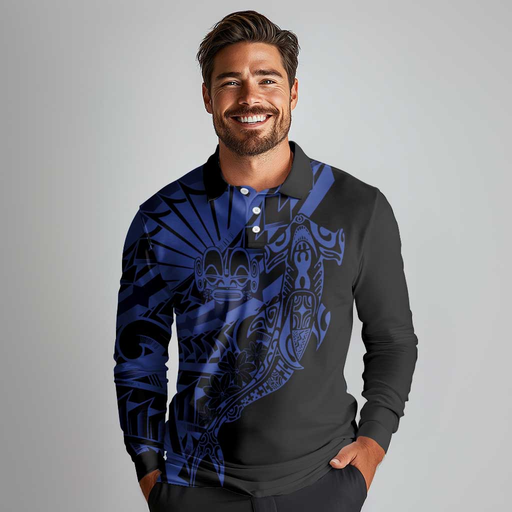 Blue Marquesas Islands Long Sleeve Polo Shirt Marquesan Matatiki Hammerhead Shark Patutiki - Polynesian Pride