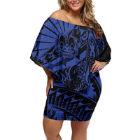 Blue Marquesas Islands Off Shoulder Short Dress Marquesan Matatiki Hammerhead Shark Patutiki - Polynesian Pride