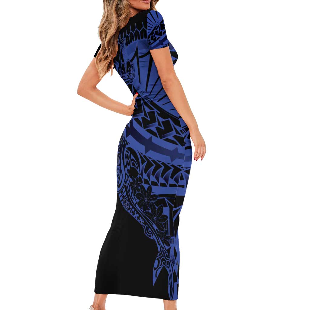 Blue Marquesas Islands Short Sleeve Bodycon Dress Marquesan Matatiki Hammerhead Shark Patutiki - Polynesian Pride