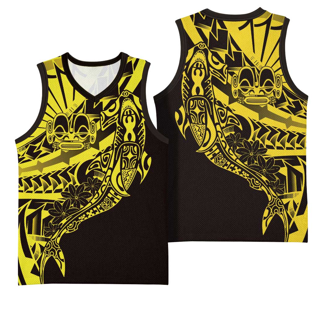 Yellow Marquesas Islands Basketball Jersey Marquesan Matatiki Hammerhead Shark Patutiki - Polynesian Pride