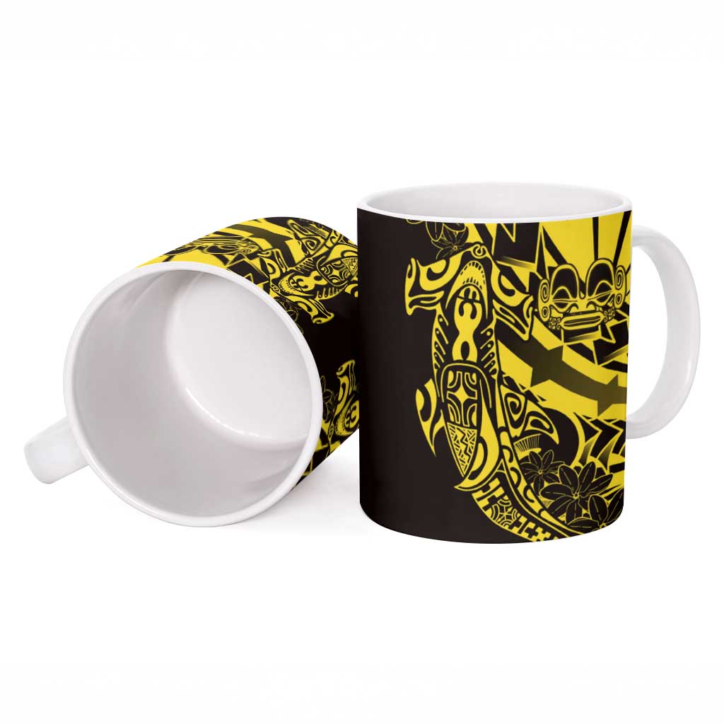 Yellow Marquesas Islands Ceramic Mug Marquesan Matatiki Hammerhead Shark Patutiki - Polynesian Pride