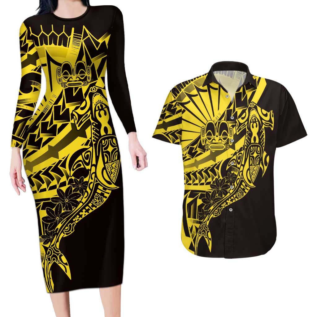 Yellow Marquesas Islands Couples Matching Long Sleeve Bodycon Dress and Hawaiian Shirt Marquesan Matatiki Hammerhead Shark Patutiki - Polynesian Pride