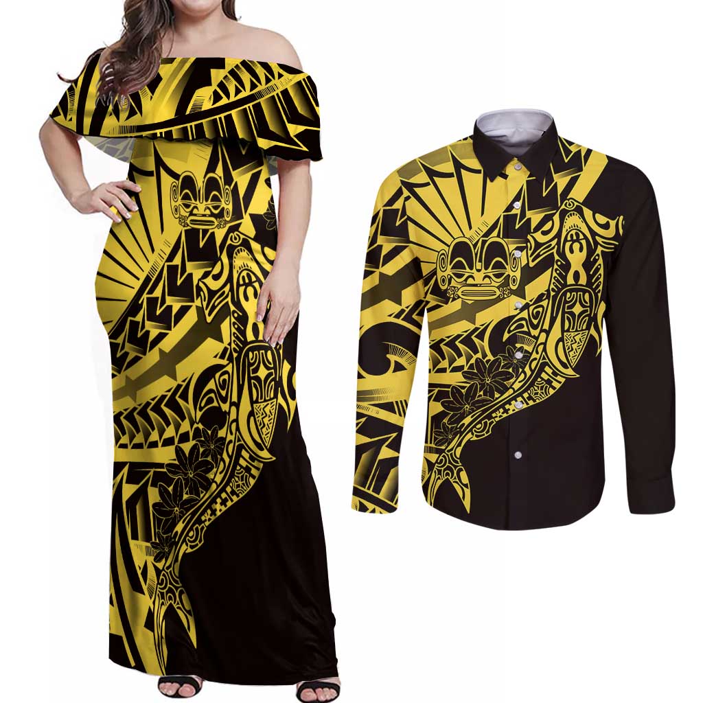 Yellow Marquesas Islands Couples Matching Off Shoulder Maxi Dress and Long Sleeve Button Shirt Marquesan Matatiki Hammerhead Shark Patutiki - Polynesian Pride