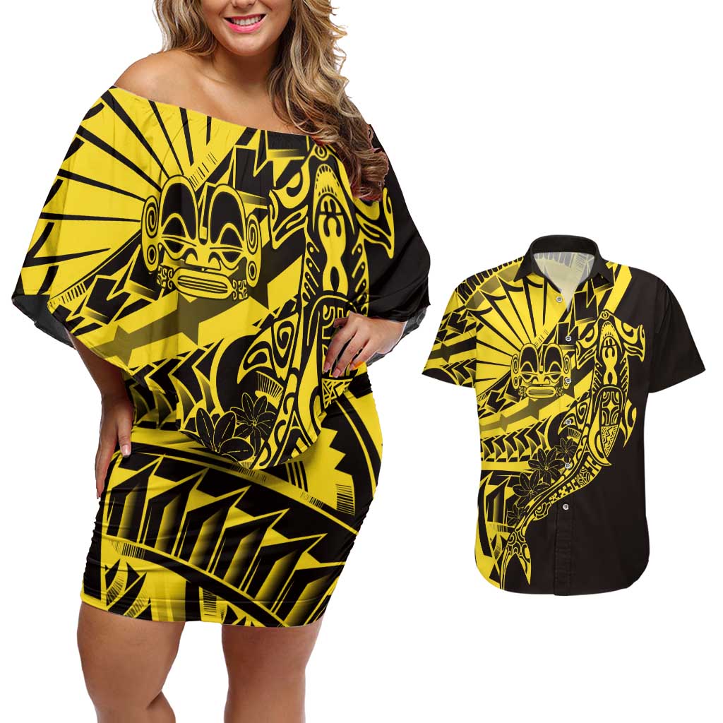 Yellow Marquesas Islands Couples Matching Off Shoulder Short Dress and Hawaiian Shirt Marquesan Matatiki Hammerhead Shark Patutiki - Polynesian Pride