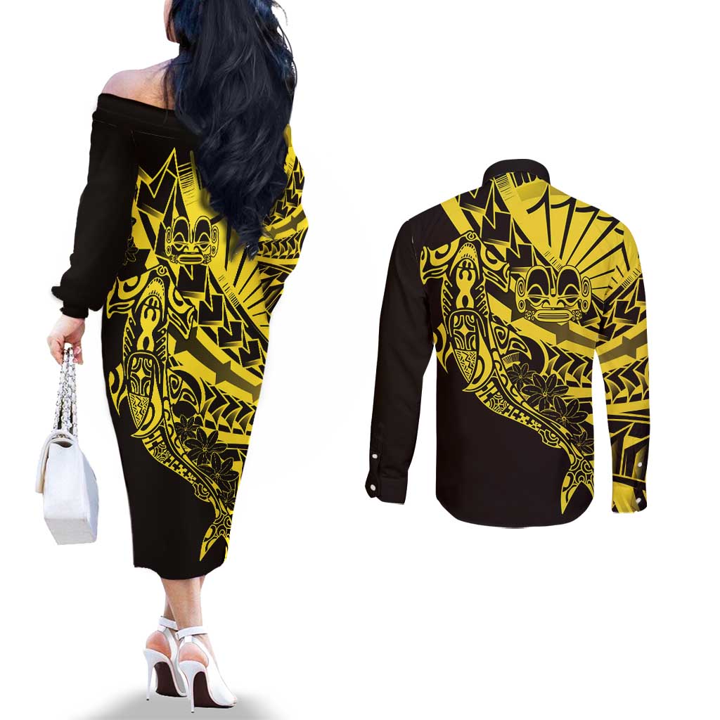 Yellow Marquesas Islands Couples Matching Off The Shoulder Long Sleeve Dress and Long Sleeve Button Shirt Marquesan Matatiki Hammerhead Shark Patutiki - Polynesian Pride