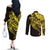 Yellow Marquesas Islands Couples Matching Off The Shoulder Long Sleeve Dress and Long Sleeve Button Shirt Marquesan Matatiki Hammerhead Shark Patutiki - Polynesian Pride