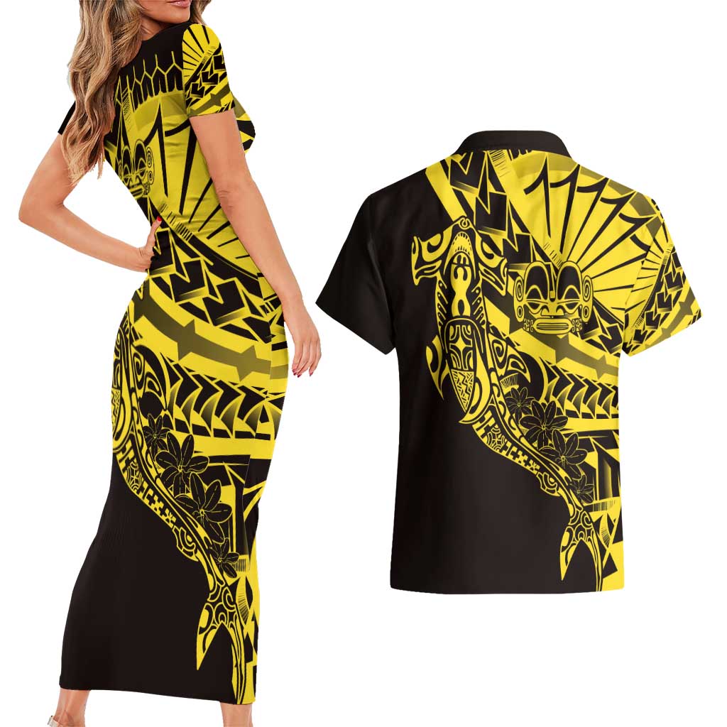 Yellow Marquesas Islands Couples Matching Short Sleeve Bodycon Dress and Hawaiian Shirt Marquesan Matatiki Hammerhead Shark Patutiki - Polynesian Pride