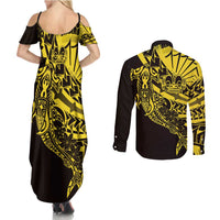 Yellow Marquesas Islands Couples Matching Summer Maxi Dress and Long Sleeve Button Shirt Marquesan Matatiki Hammerhead Shark Patutiki - Polynesian Pride