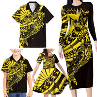 Yellow Marquesas Islands Family Matching Long Sleeve Bodycon Dress and Hawaiian Shirt Marquesan Matatiki Hammerhead Shark Patutiki - Polynesian Pride