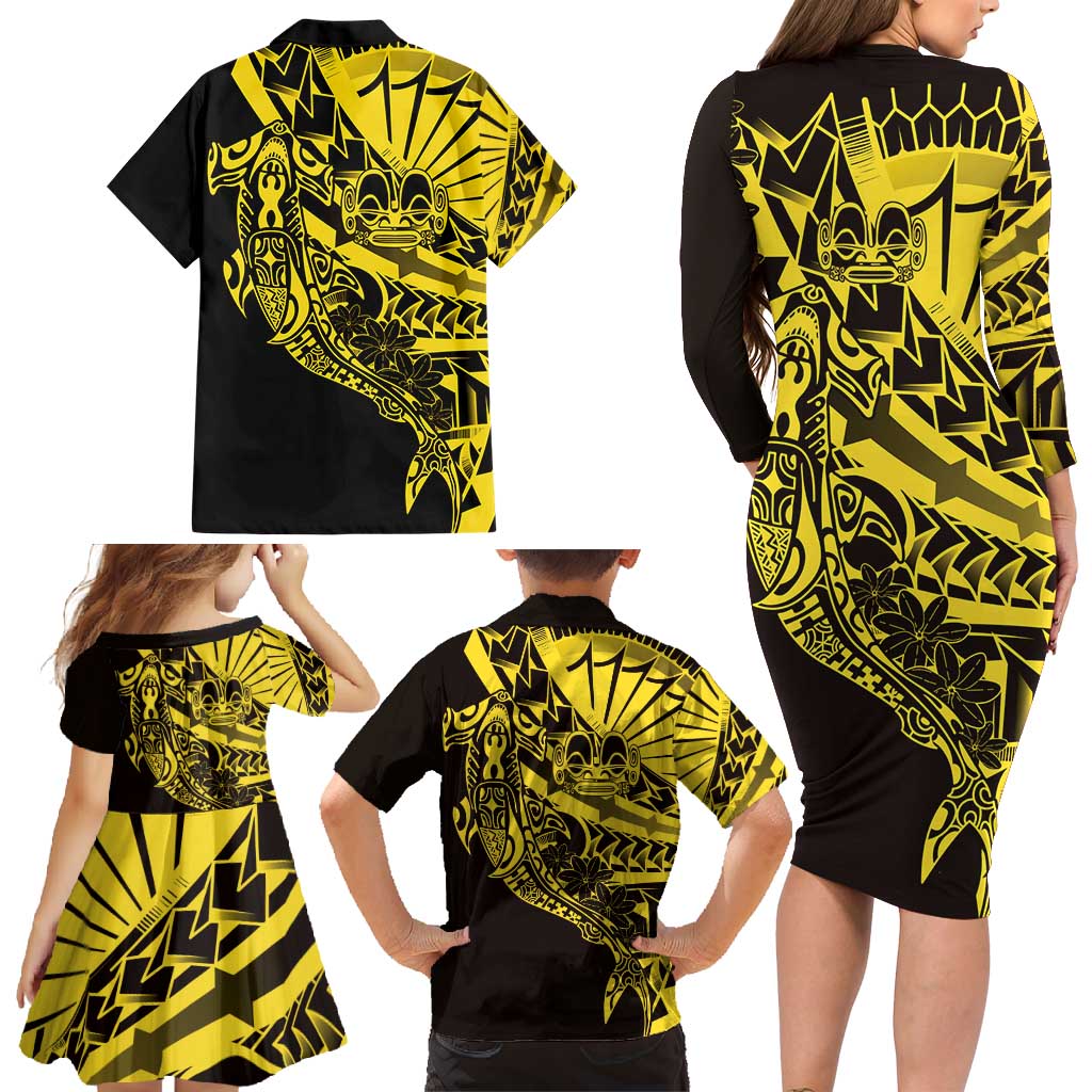 Yellow Marquesas Islands Family Matching Long Sleeve Bodycon Dress and Hawaiian Shirt Marquesan Matatiki Hammerhead Shark Patutiki - Polynesian Pride